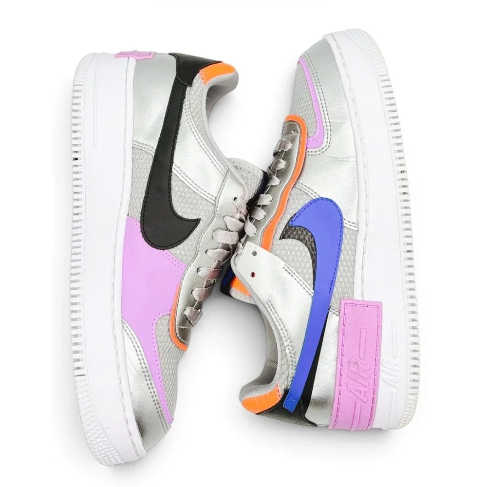 Nike Air Force 1 Shadow Women 9.5 Metallic Silver Pink Blue Shoes CW6030-001 AF1